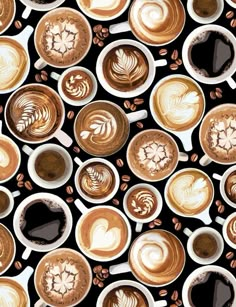 many cups of coffee with different designs on them