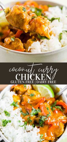 chicken curry in a bowl with rice and cilantro garnish on the side