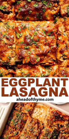 eggplant lasagna with cheese and sauce in a casserole dish