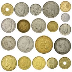 an assortment of foreign coins on a white background with clippings to the side