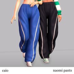 two women are standing next to each other wearing matching pants and cropped tops, both in different colors