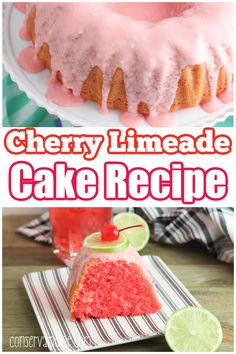 cherry limeade cake recipe on a white plate with pink icing and lime slices