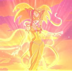 an animated image of a woman with long hair and yellow dress, standing in the sky