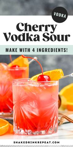 two glasses filled with vodka and garnished with cherries on the rim, surrounded by sliced oranges