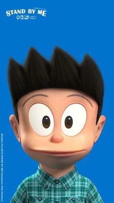 an animated character with black hair and big eyes, standing in front of a blue background