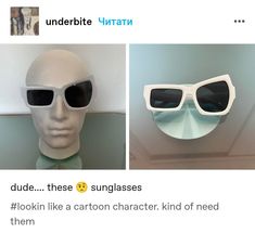 two pictures with one wearing sunglasses and the other saying dude, these sunglasses look like a cartoon character, kind of need them