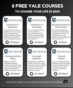 the six steps to achieving your life in 2012 info sheet with text that reads, 6 free yale courses to change your life in 2014