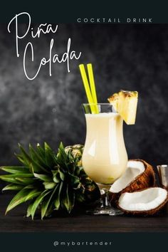 A glass of Piña Colada with two yellow straws and a pineapple and coconut behind it. My Bartender, Pina Coloda, Piña Colada Recipe, Pina Colada Cocktail Recipe, Pina Colada Cocktail, Pina Colada Drinks, Pina Colada Recipe, Drink Display, Coffee Artwork