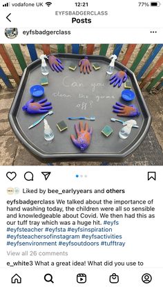 two tweets are placed on top of a tray with plastic handprints