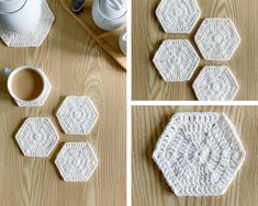 crocheted coasters and cups on a table