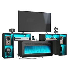 an entertainment center with blue lights and speakers