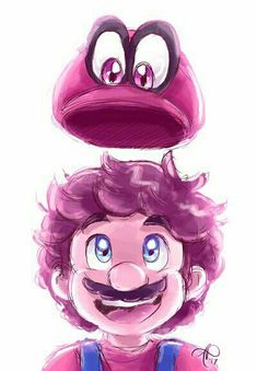 a drawing of a man with pink hair and blue eyes, wearing a hat that looks like a mushroom