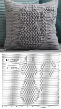 a crocheted pillow is shown next to the pattern for it's cushion