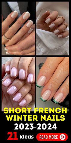 Get ahead of the nail game with short French winter nails for 2023-2024. The square-shaped almond tips incorporate trendy colored designs to create a festive and holiday-ready look. These almond acrylic manicures are perfect for those who want to stay on-trend and express their stylish side, perfectly in line with the 2023 trends. Nail Trends Winter 2023 2024, French Nail Trends 2023, Winter French Nails 2023 Trends, Christmas French Nails 2023, 2023 Holiday Nail Trends, Short Gel Nails Winter 2023, Winter Nails Tips French Manicures, Winter Sns Nails 2023, Winter Short Nails 2023 Trends