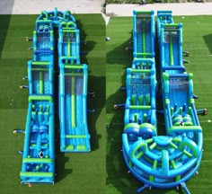 two large inflatable water slides on top of green artificial turf next to each other