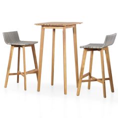 two stools and a table on a white background with one chair at the end