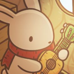 an animated rabbit holding a guitar in front of a window