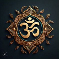 the om shan symbol is shown in gold and blue on a black background with an intricate design