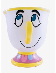 a close up of a cup with a face on the side and eyes painted to look like a cartoon character