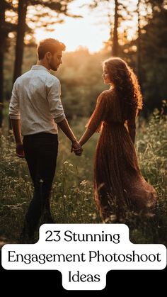 A couple holding hands in a scenic outdoor setting, surrounded by nature, capturing a romantic engagement photoshoot with a soft and intimate pose. Photoshoot Anniversary Ideas, Photos To Announce Engagement, Fall Engagement Announcement, Engagement Pics In A Field, Anniversary Photos Ideas, Engagement Photos With Boots, Engagement Photos In Nashville, Engagement Photo Shoot Prompts, Western Anniversary Pictures