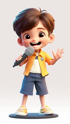 a cartoon boy holding a microphone and making a hand gesture with his right hand while standing on top of a plastic base