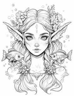 a girl with long hair and flowers on her head is surrounded by fish in the water