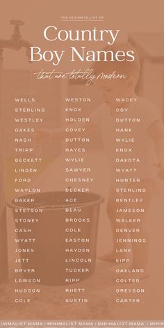 the country boy names are shown in brown and white, with an image of a baby standing