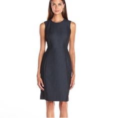 Classic Calvin Klein Sleeveless Sheath Dress With Stretch Lightweight Denim-Like Fabrication In Black / Charcoal Gray Color Structured Seaming For A Polished Finish Measurements Are Approximately And Laying Flat Pit To Pit 17” Waist 14.5” Length 38.5” Offers Welcome!!! Bundle And Save !!! Fast Shipper!!! Calvin Klein Dresses 2022, Calvin Kline Dresses, Elegant Summer Denim Dress For Workwear, Fitted Sleeveless Dark Wash Denim Dress, Fitted Sleeveless Dark Wash Dress, Fitted Dark Wash Sleeveless Dress, Dark Wash Fitted Sleeveless Dress, Elegant Knee-length Denim Dress For Work, Black Fitted Sleeveless Denim Dress