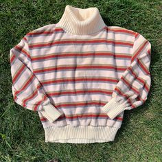 this is a super awesome vintage Diane Von Furstenberg striped velour sweater 🤤 I absolutely adore this and wish it fit me! tag size is a large but I would say it runs small and best fits a small-medium. being neutral in color I think this would go great with anything. please see measurements for exact fit.  measurements as follows: 19.5" inches pit to pit laying flat  waist is 15.5" laying flat (above stretchy band) & stretches up to 20" laying flat length is 20" laying flat  sleeves are 3/4 sl Retro Long Sleeve Ribbed Sweater, Retro Ribbed Winter Tops, Retro Striped Winter Sweater, Retro Striped Sweater For Winter, Cozy Striped Ribbed Tops, Retro Striped Ribbed Tops, Retro Ribbed Striped Tops, Retro Striped Crew Neck Sweater, Retro Striped Tops For Fall