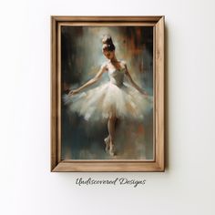 an oil painting of a ballerina dancer in white tutu skirt, framed on a wall