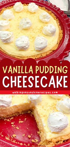 vanilla pudding cheesecake on a red plate