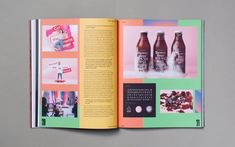 an open book with pictures and text on it, showing the contents of two beer bottles