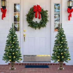 2 Christmas Trees, Porch Christmas Tree, Trees With Lights, Lighted Trees, Front Door Christmas Decorations, Outdoor Christmas Tree, Pre Lit Christmas Tree, Christmas Front Porch