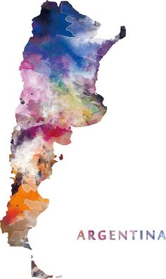 a watercolor map of argentina with the country name in blue, orange and pink