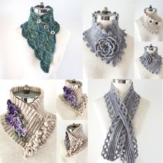 four pictures of different styles of scarves on mannequins with flowers in them