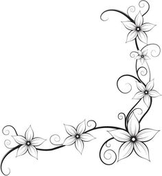 a black and white drawing of flowers with swirls on the stems, against a white background