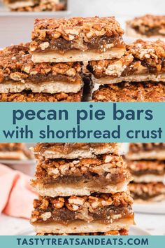 pecan pie bars stacked on top of each other with shortbread crust in the middle