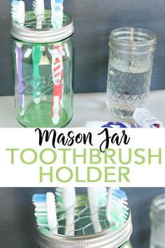 mason jar filled with toothbrush holders on top of a table