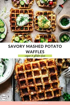 savory mashed potato waffles with cucumbers and sour cream