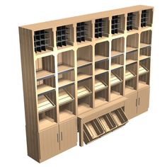 a large bookcase with many shelves and drawers on it's sides, in front of a white background