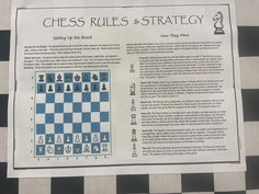 the chess rules and strategy board is displayed on a checkerboard tablecloth with instructions