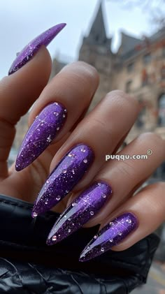 Elegant and Bold: Stunning Purple Nail Ideas for Every Occasion Two Tone Purple Nails, Winter Nails Purple, Purple And Silver Nails Acrylic, Midnight Purple Nail Designs, Purple Silver Black Nails, Black Nails Purple Glitter, Dark Purple Glam Nails, Glitter Dark Purple Nails, Purple And Silver Nails