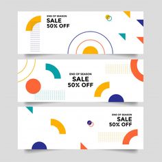 two sale banners with colorful geometric shapes on white and blue background, one is half off