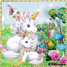 two white unicorns sitting next to each other in front of flowers and mushrooms with butterflies on them