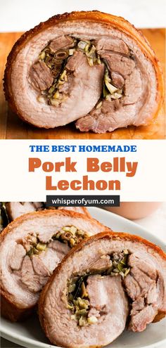 pork belly lechon on a plate with lemongrass, garlic, bay leaves, salt, and pepper. Pork Belly Lechon Recipe, Lechon Recipe, Lechon Belly, Filipino Recipe, Garlic Uses, Pig Roast