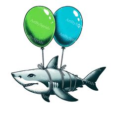 a shark with two balloons attached to it's back