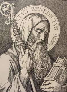 an old black and white drawing of saint benedict holding a book in his right hand