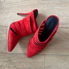 Worn Just A Handful Of Times. Elegant Mules. Red Leather Mules With Padded Heel, Luxury Red Mules For Women, Luxury Mules With Red Sole, Luxury Red Pointed Toe Mules, Luxury Red Open Heel Mules, Alexander Wang Shoes, Suede Mules, Red Suede, Alexander Wang