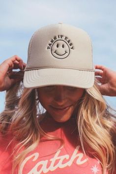 Take It Easy Trucker - Shop Escape Outdoors Trendy Trucker Hats, Preppy Hat, Trucker Hat Outfit, Inspo Fits, Patchwork Kimono, Hat Outfit, Camo And Pink, Hat Embroidery, Clothing Photography