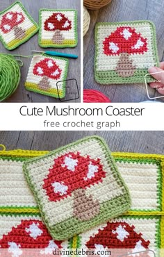 crocheted mushroom coasters are shown with the text, cute mushroom coaster free crochet graph